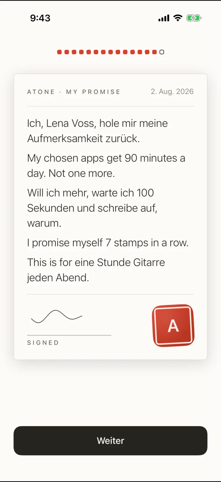 Das Versprechen als unterschriebenes Dokument: Limit, was am Limit passiert, versprochene Stempel und ein zinnoberroter Stempel neben der Unterschrift.